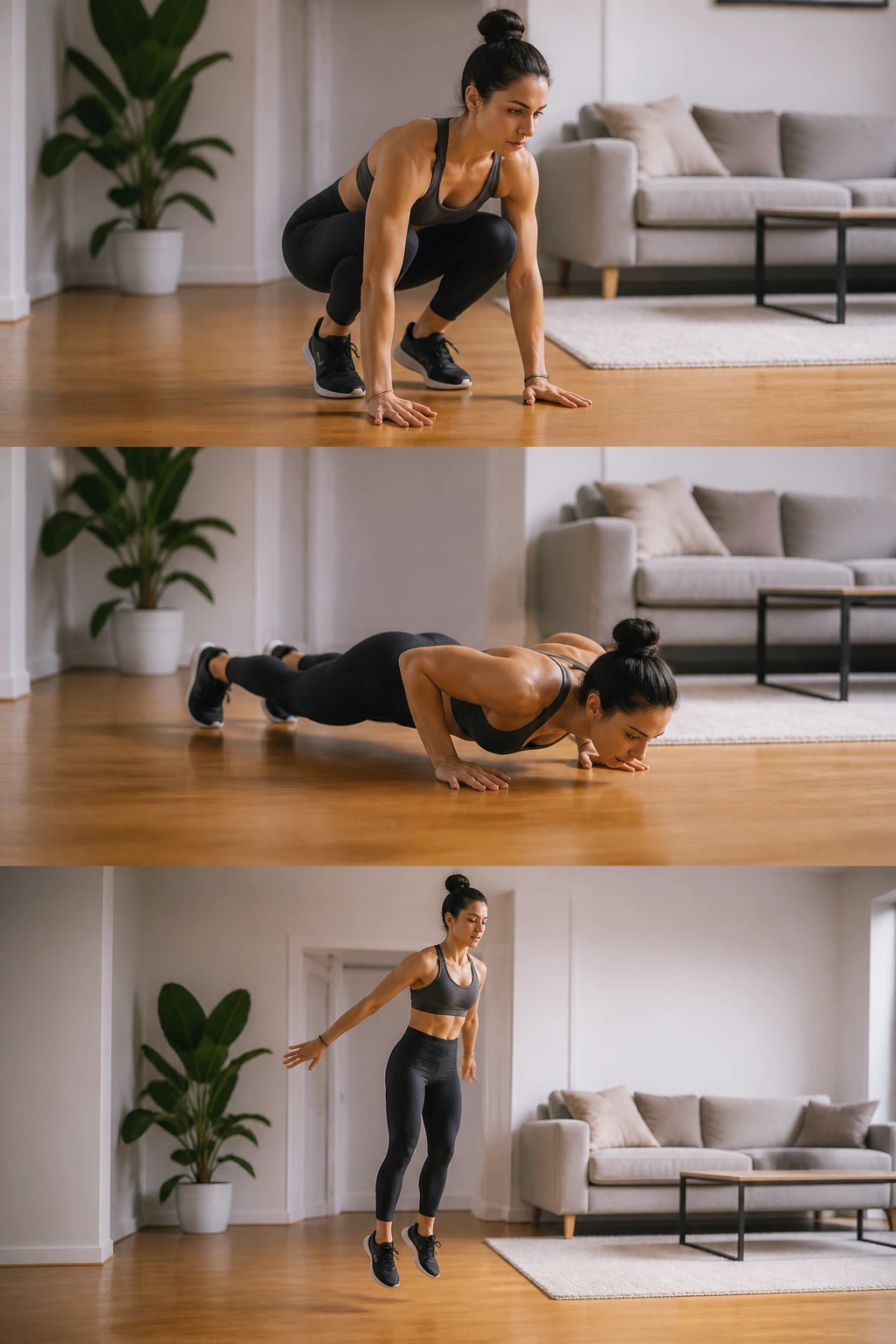 Person performing burpee with push-up in living room