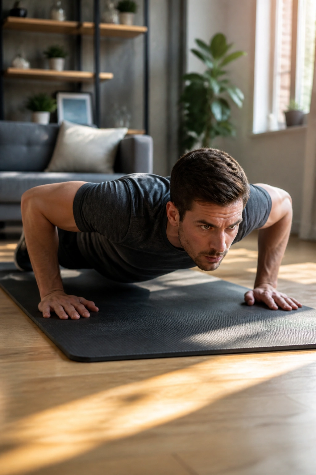 Athlete performing burpee move during pyramid workout in home gym.