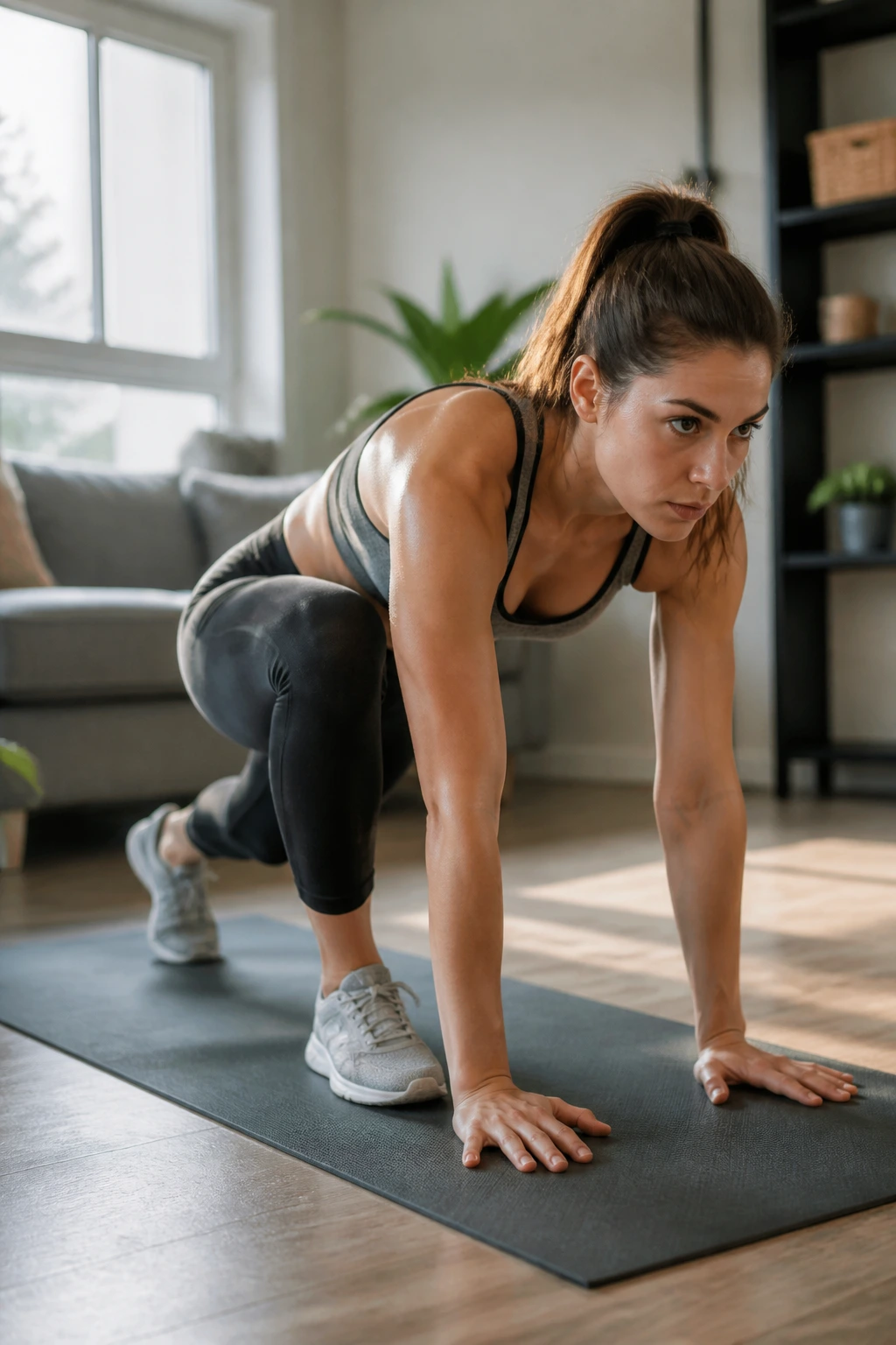Real woman transitioning from burpee to reverse lunge on a mat at home