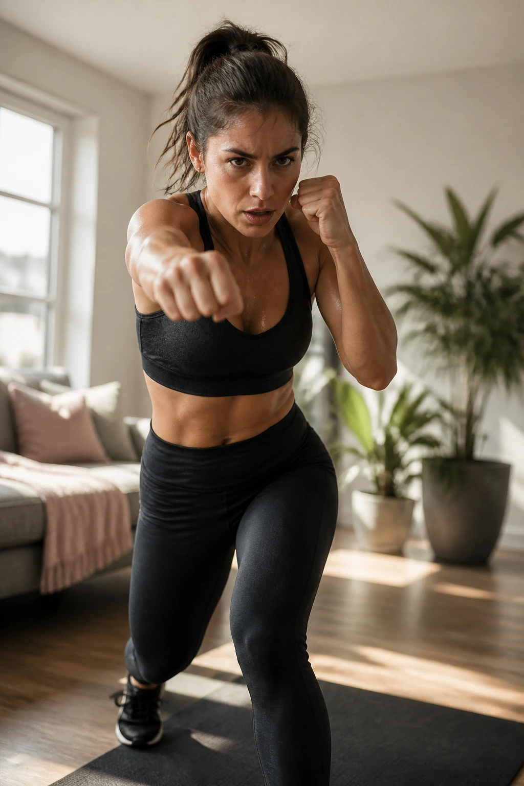 Woman moving from burpee to shadowbox in a home workout