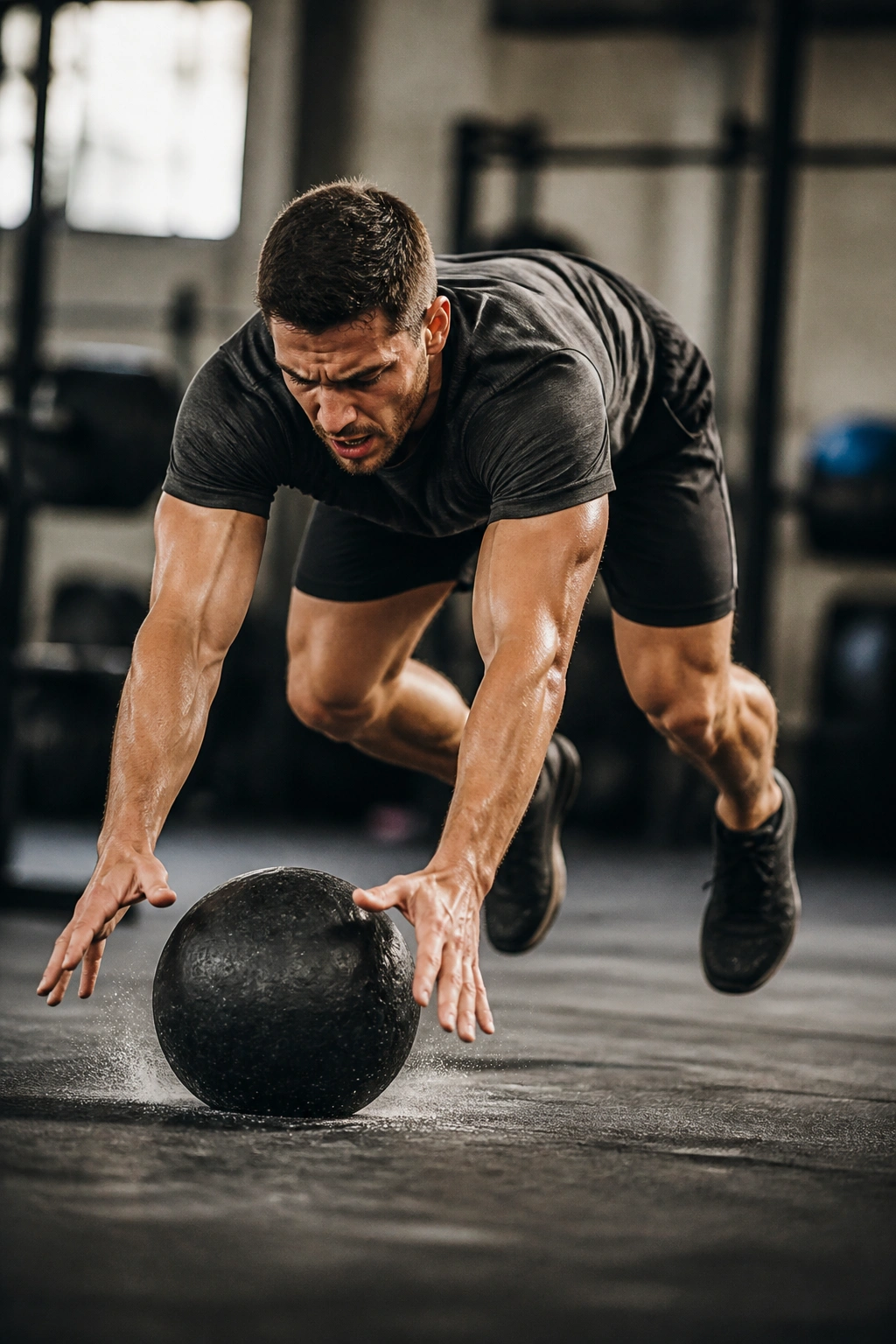 Athlete performing slam into burpee in gym