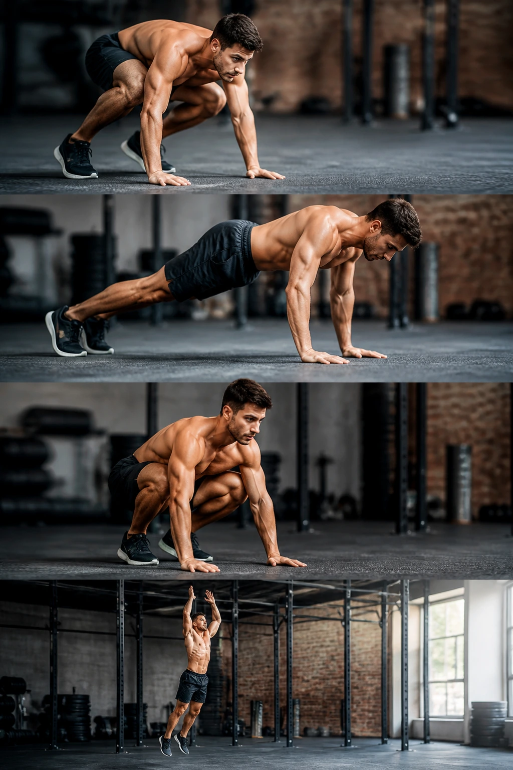 Full-body burpee squat jump in progress on a gym floor with mat.