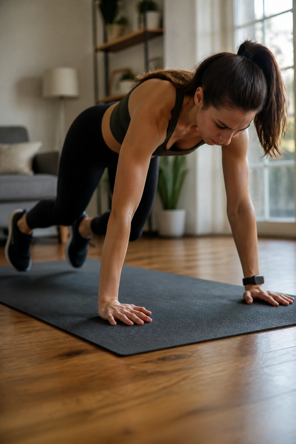 Close-up of a fit person performing a step-back burpee in a home workout space