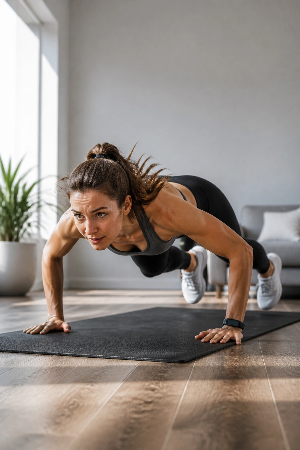 Mid-shot of a person performing a burpee on a mat in a home workout space.