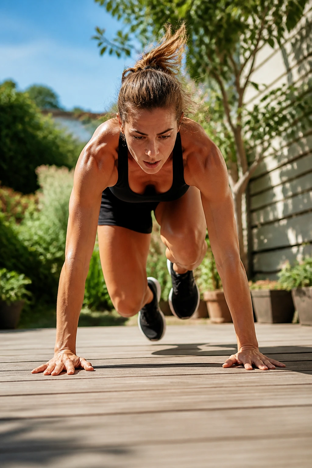 Athlete performing tabata burpee sprint outdoors on deck