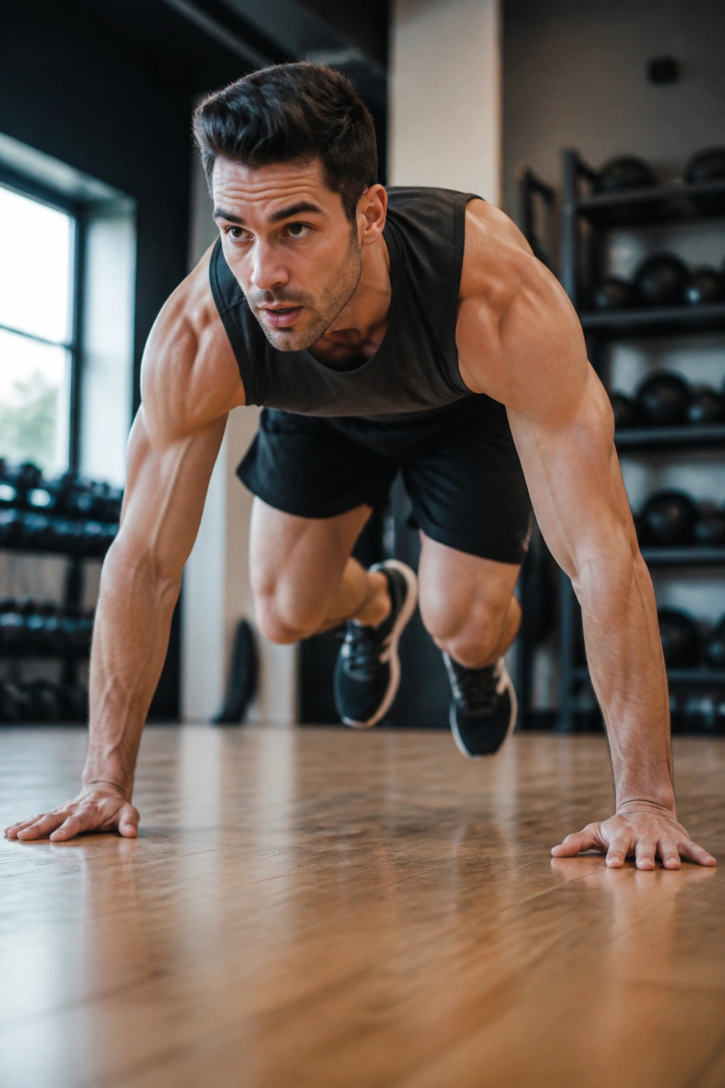 Close-up of a fit person mid-burpee transition in a gym