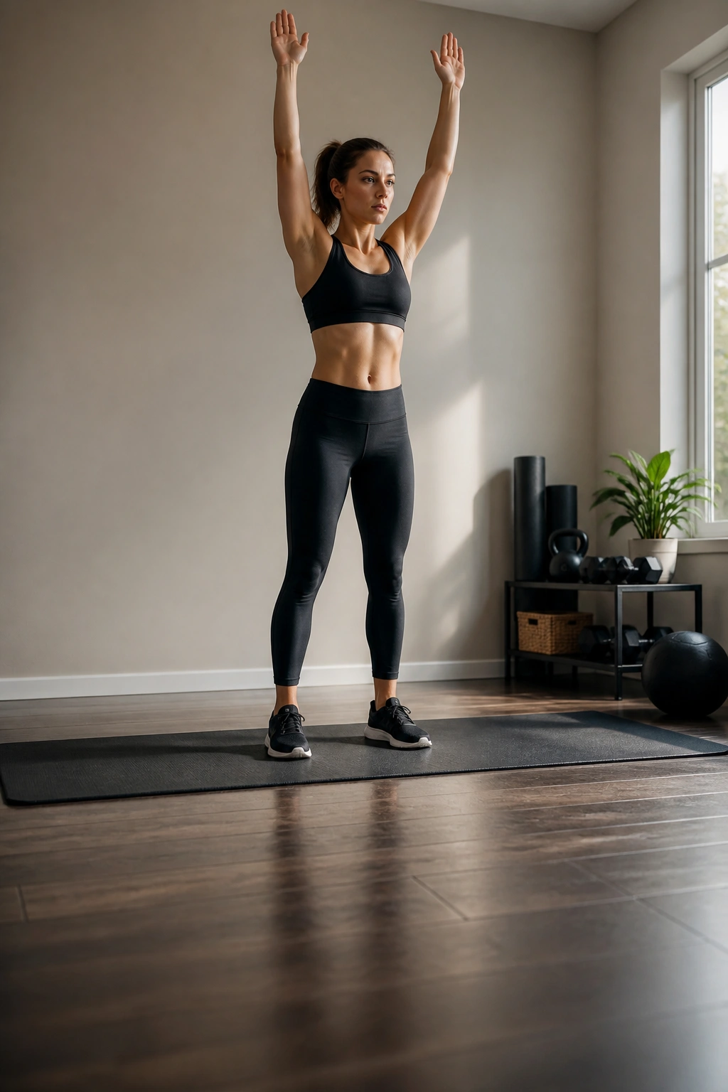Medium close-up of a person performing a burpee walkout on a mat