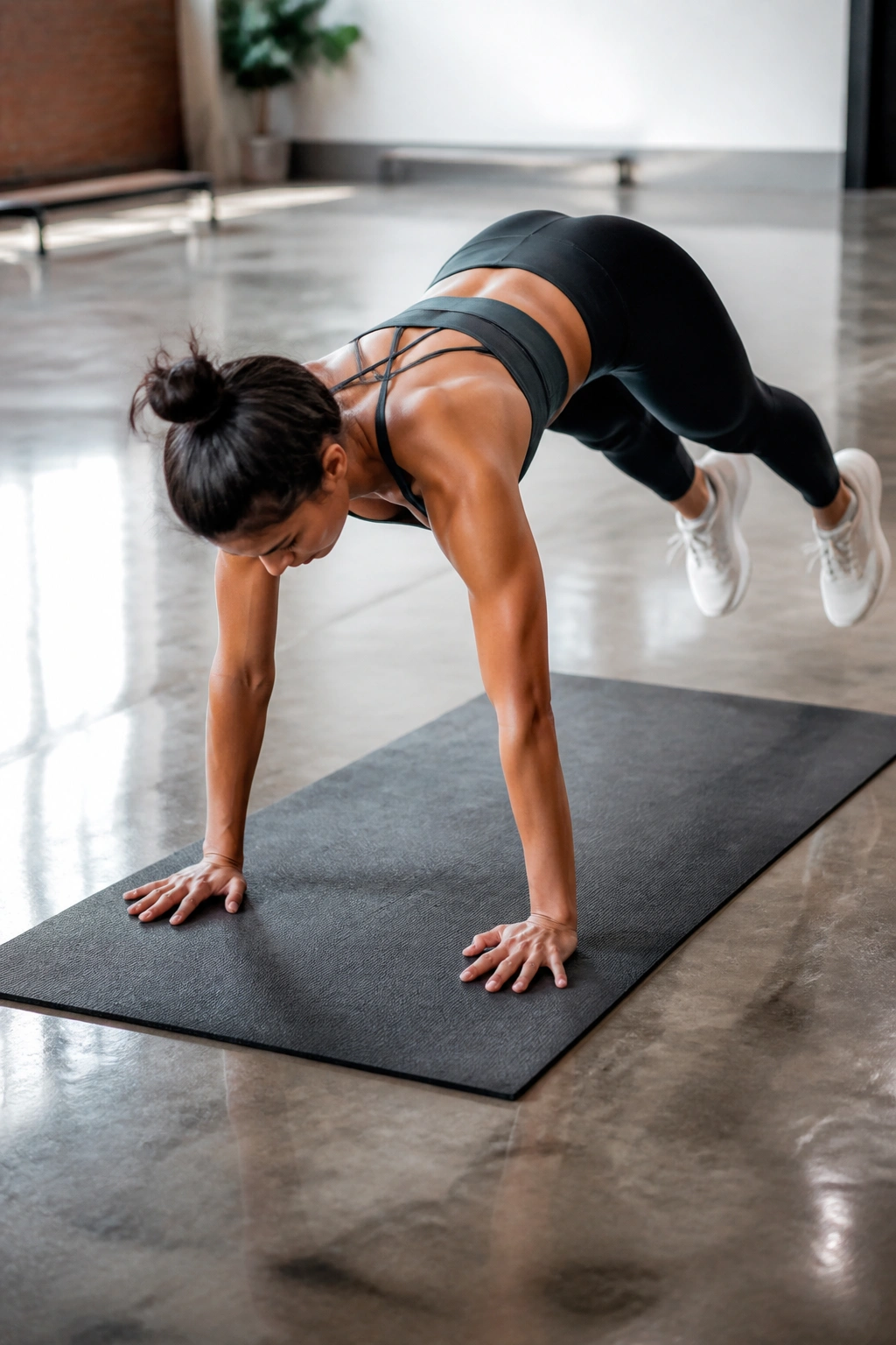 Person mid-air during burpee-yoga hybrid in a gym setting