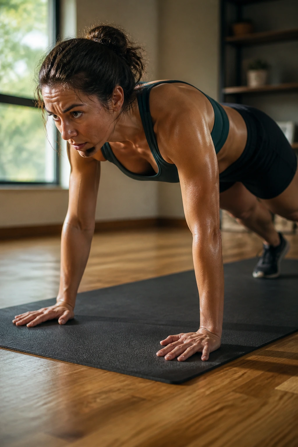 Close-up of a real woman performing a burpee in a home gym, core engaged