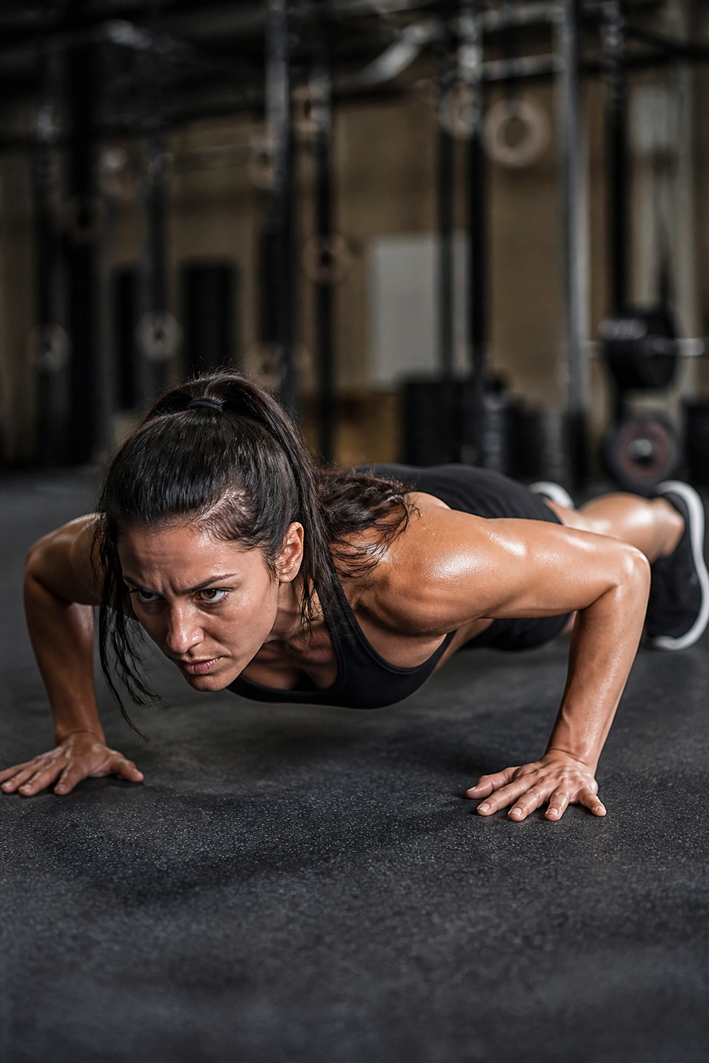 Real person performing a burpee in a gym, mid-transition