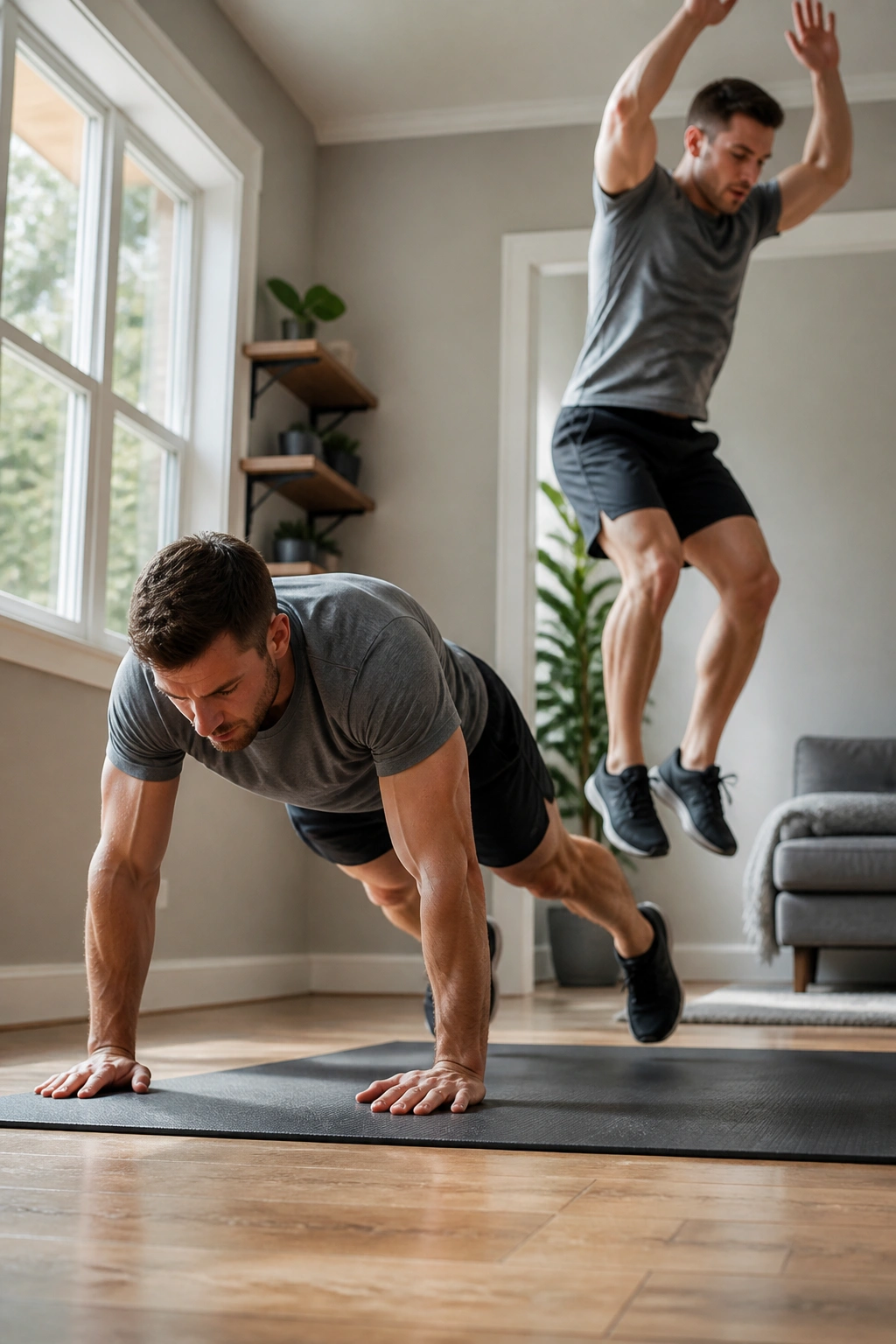 Real person performing burpees in a home workout space on a yoga mat