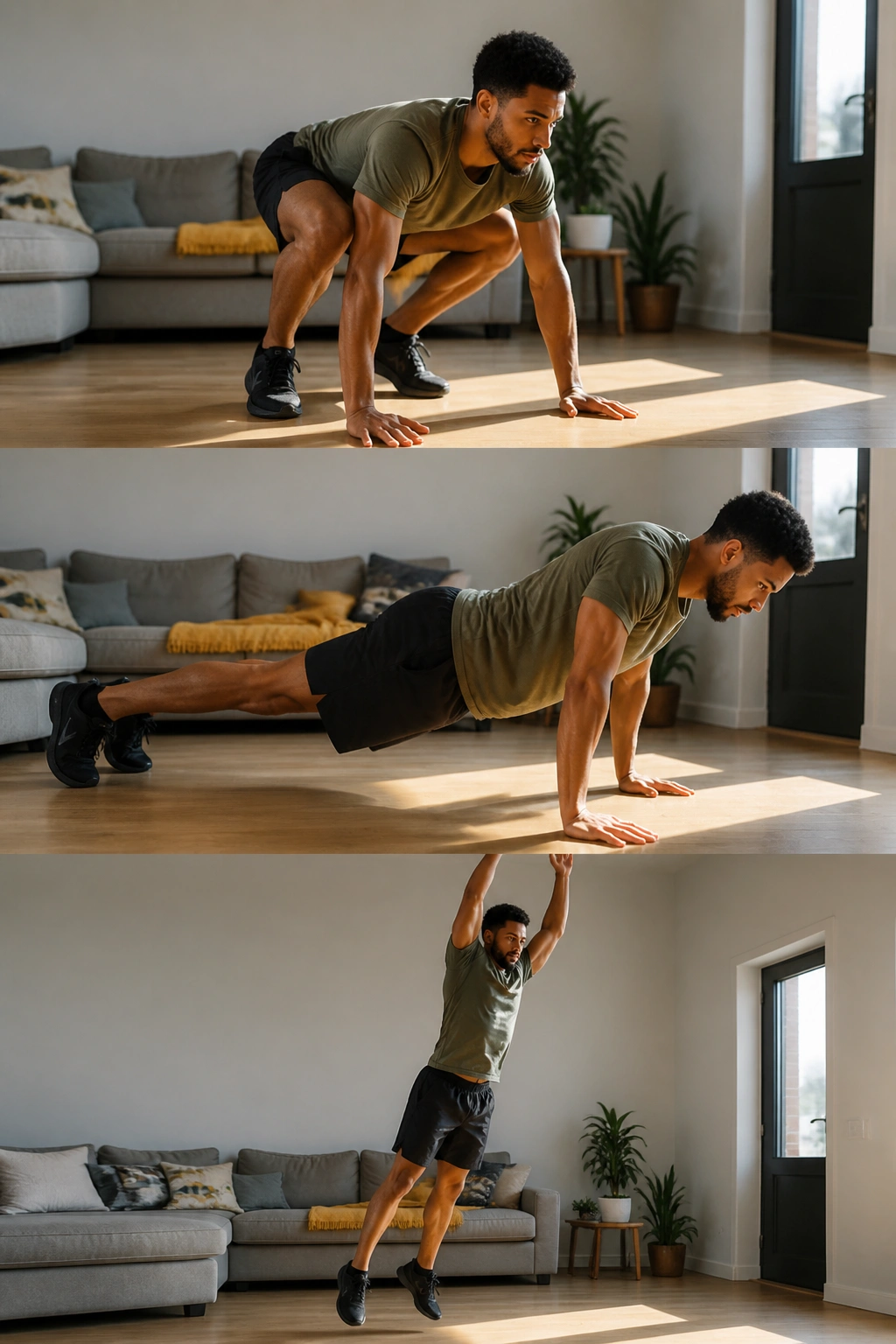 Person performing burpee in a home setting, moving through squat to plank to jump.