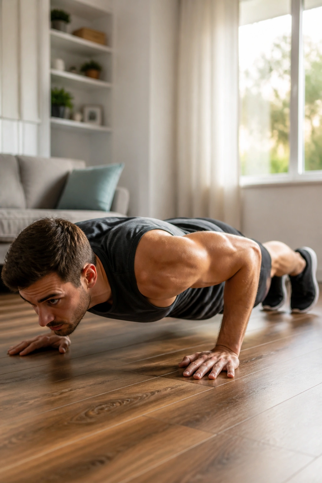 Medium-close shot of a person performing a burpee in a home living room