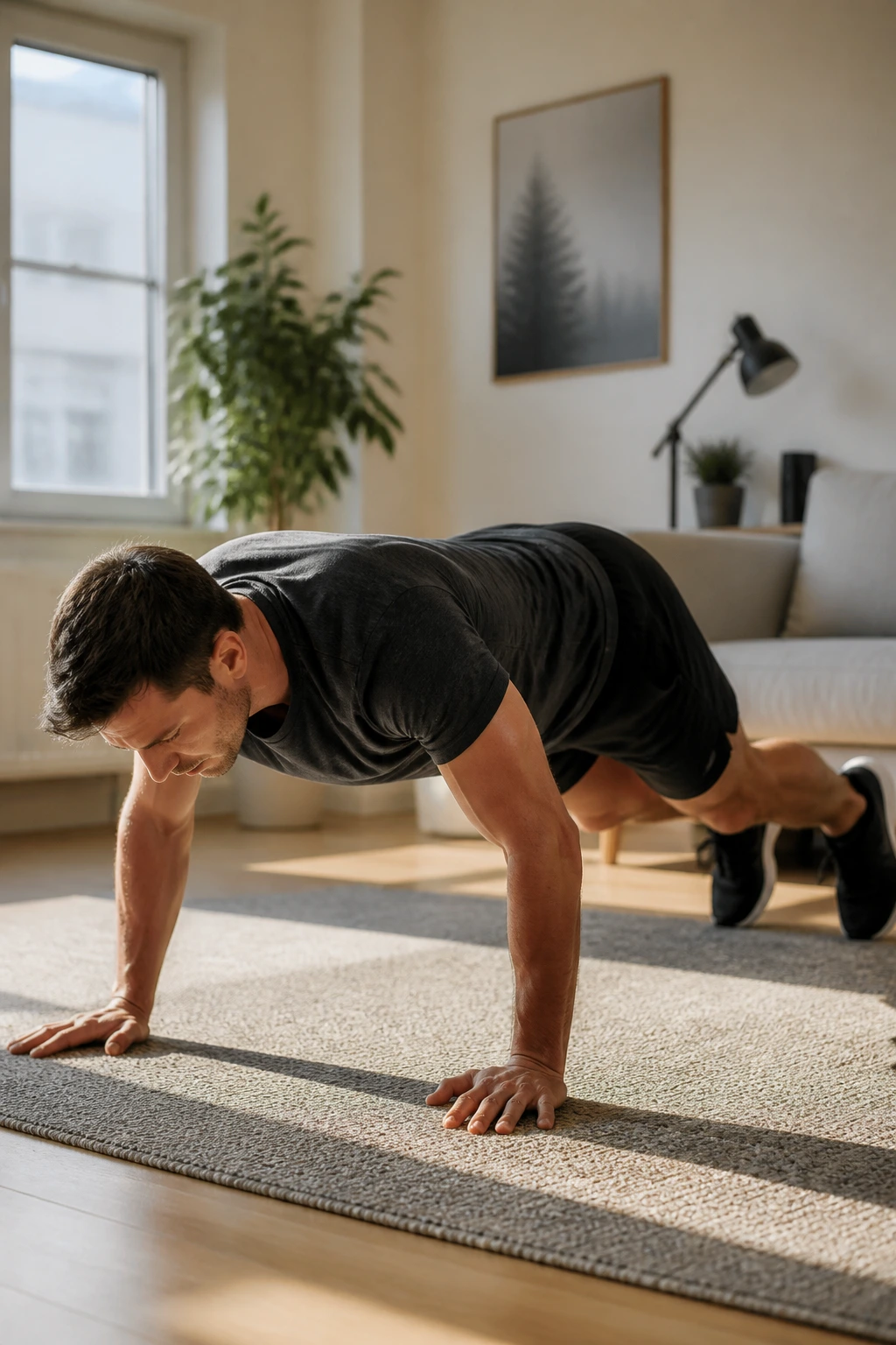 Person performing a burpee in a bright apartment