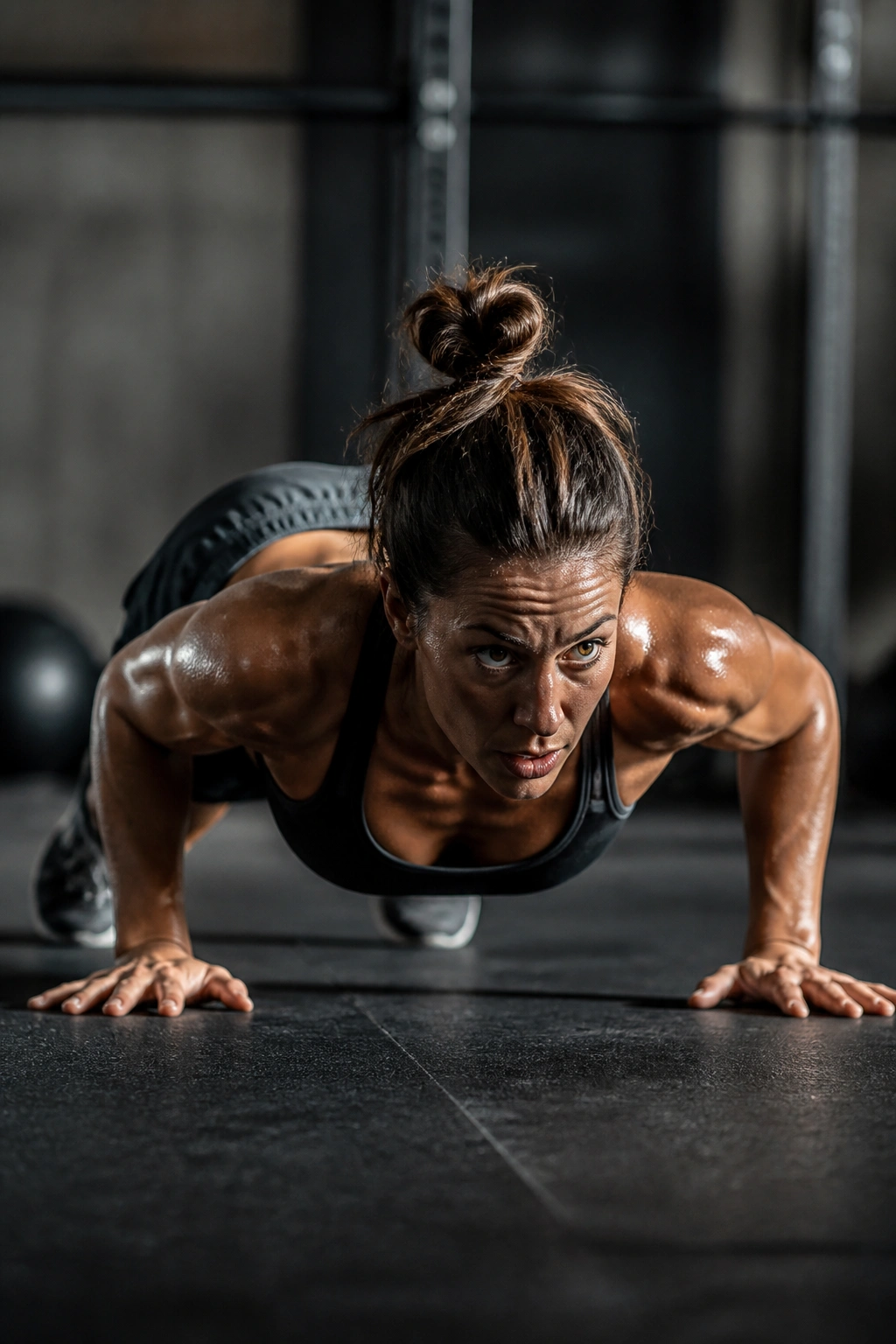 Athlete mid-burpee in a gym, illustrating endurance-focused burpee workout.