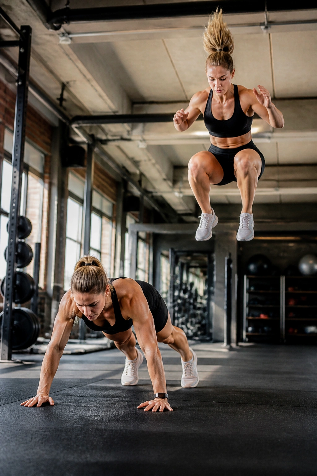 Full-body burpee in a gym with a real person.