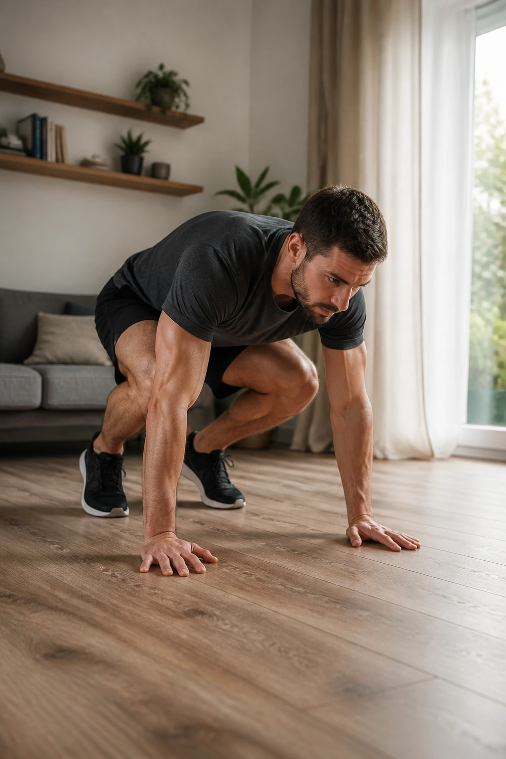 Person performing a burpee in a home environment
