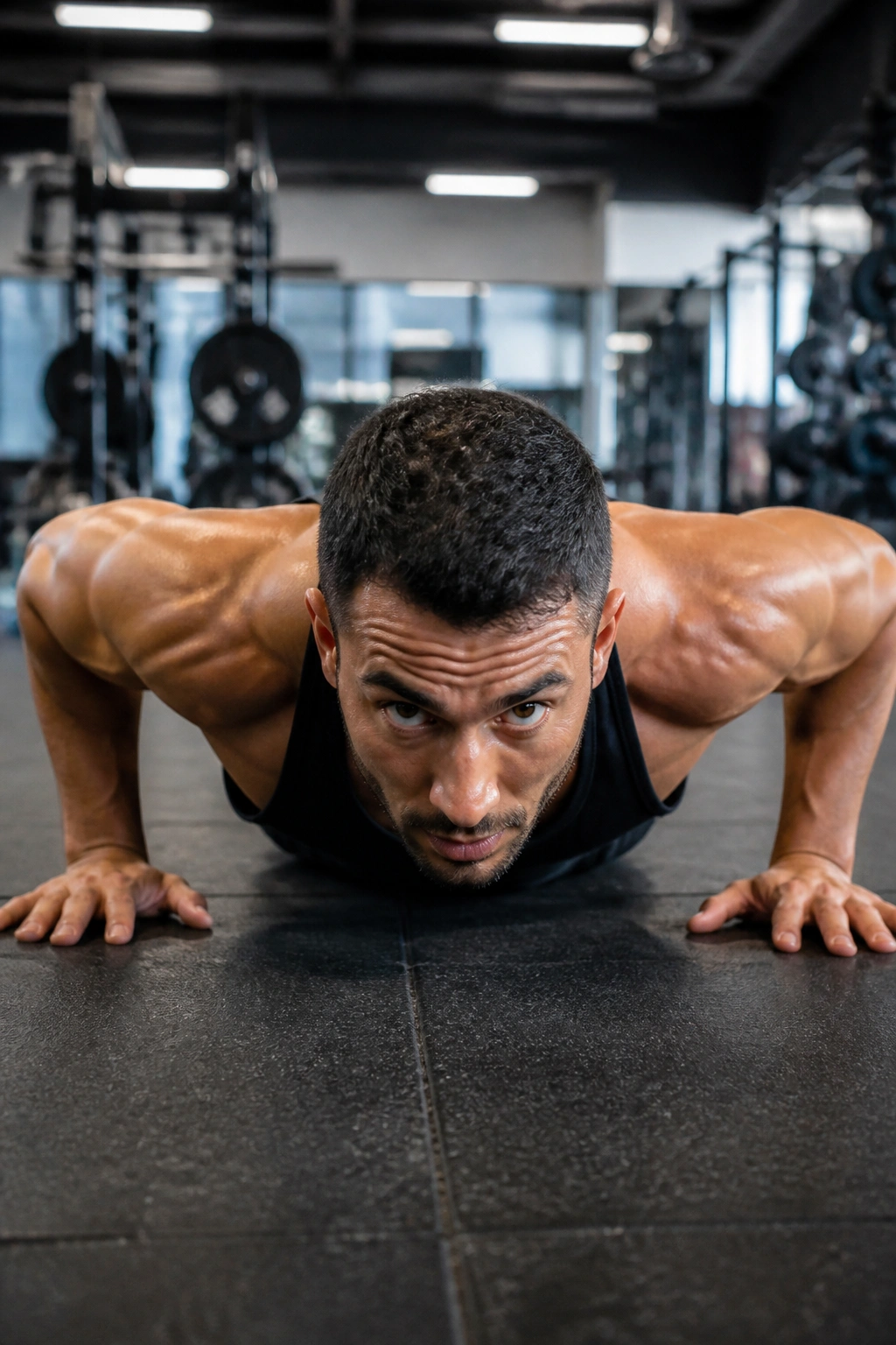 Person performing burpee mid-movement in gym