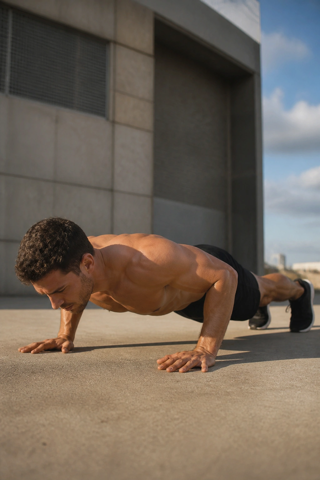 Person performing burpees with push-up mid-transition.