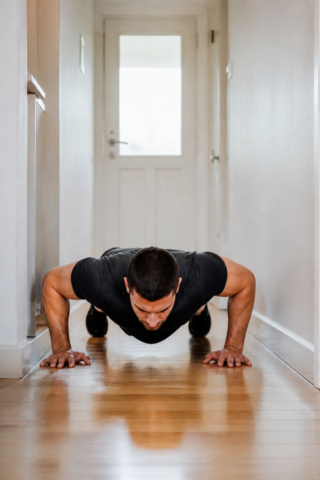 Person performing a burpee in a narrow hallway with a clean background