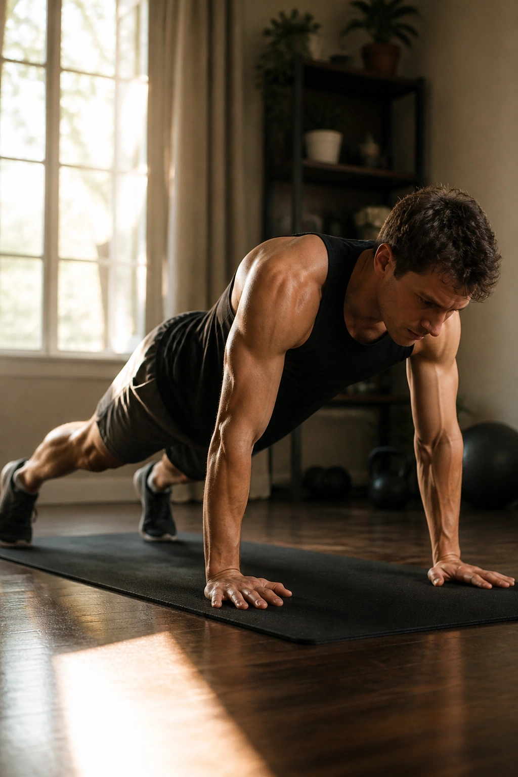 Person performing sprawl burpee variation on a mat in a home setting