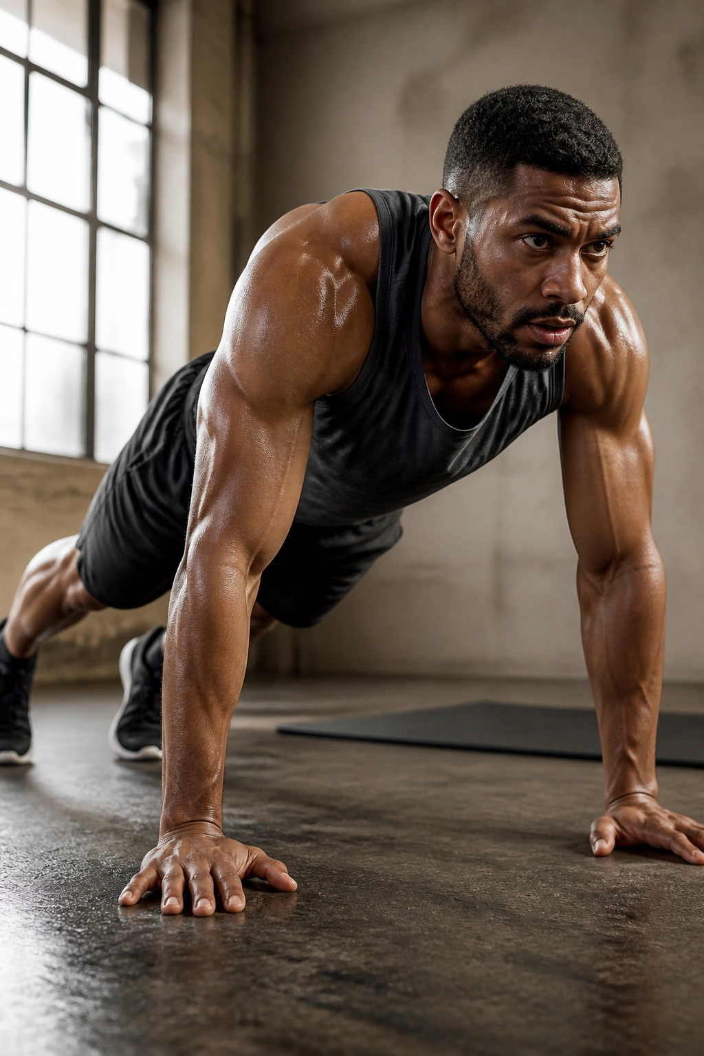 Close-up of a person performing burpees in a home gym