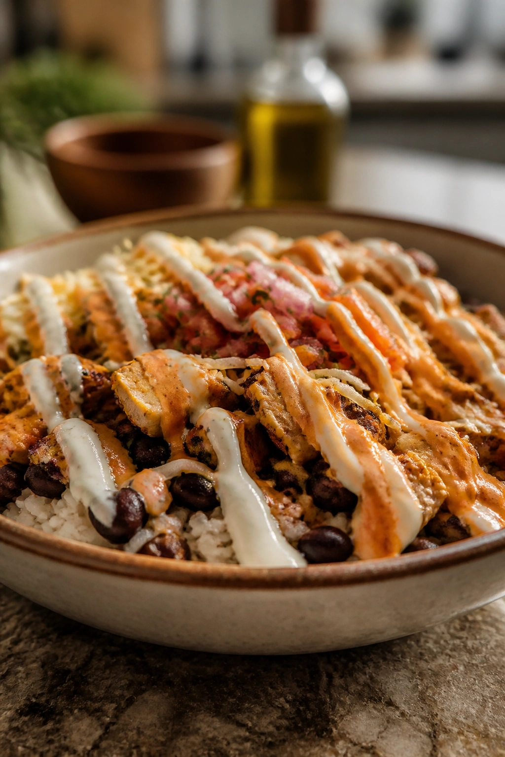 Close-up burrito bowl with rice, beans, chicken, cheese, and sauces.
