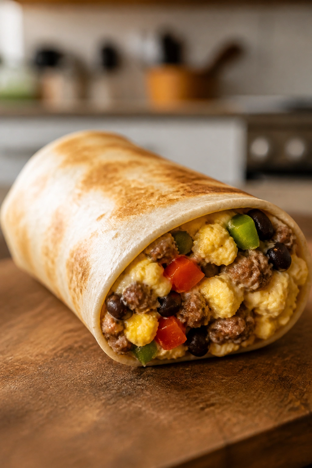 Close-up of a burrito wrapped in a tortilla, filling visible at the end, on a warm kitchen surface