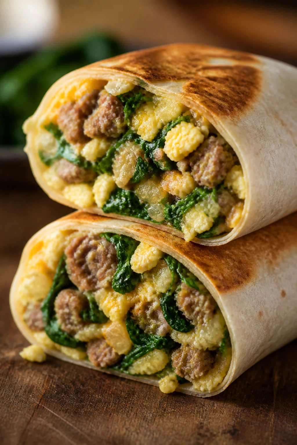 Cross-section of a spinach and turkey sausage breakfast burrito.