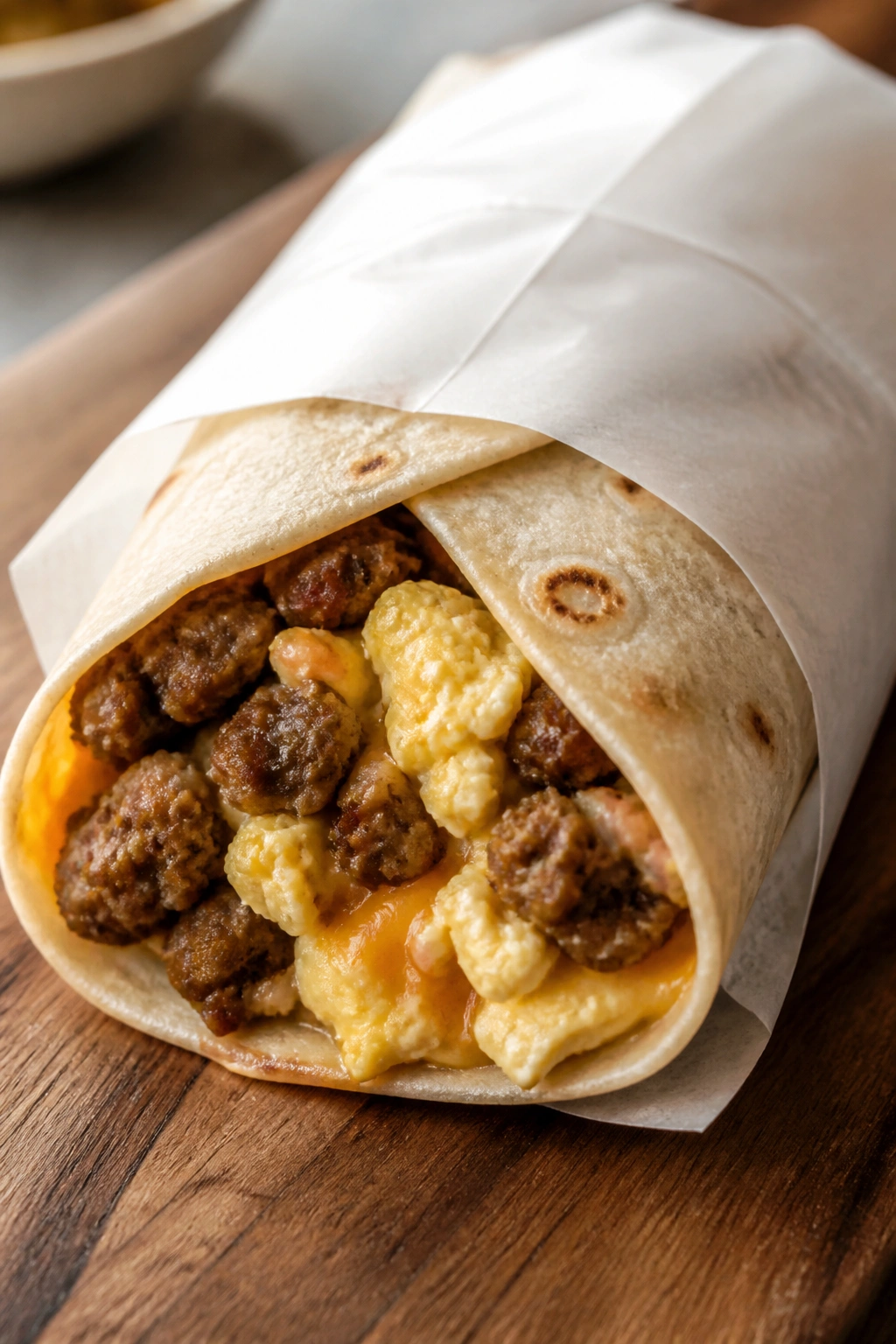Close-up of a tightly wrapped breakfast burrito on a wooden surface