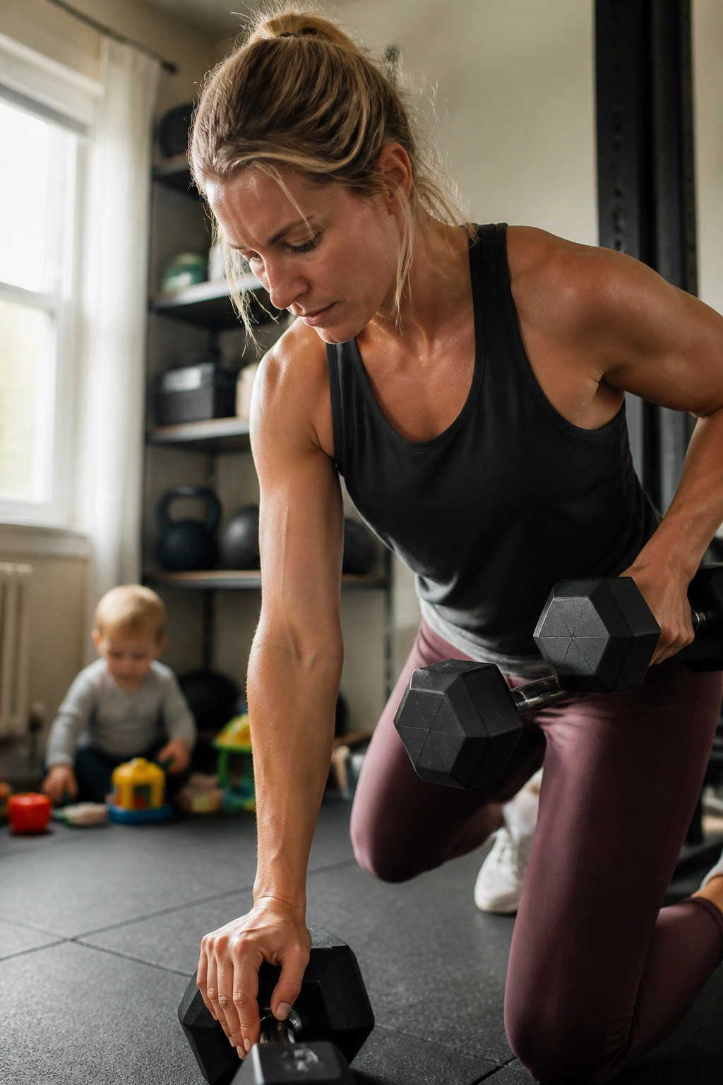Real parent exercising in a home gym with child playing nearby