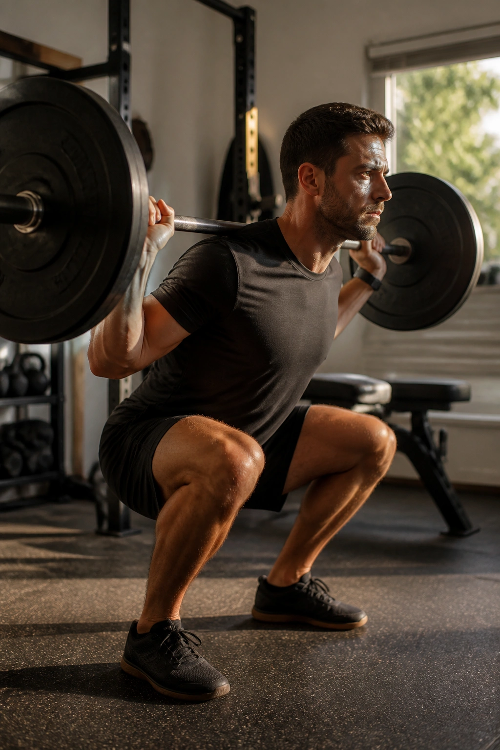 Close-up of a fit lifter performing a barbell back squat in a compact home gym