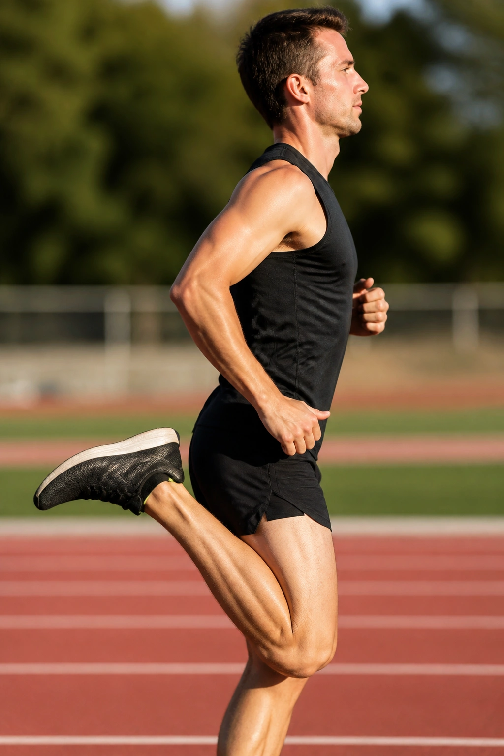 Side-profile view of runner performing butt kicks on track, heel toward glute.