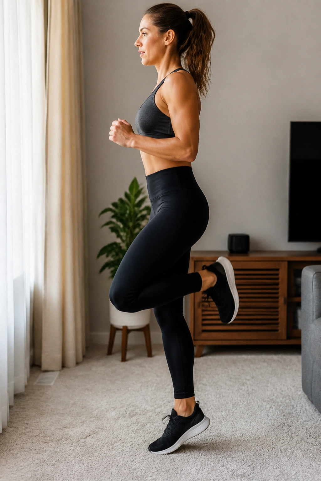 Person performing butt kicks in a small room on carpet