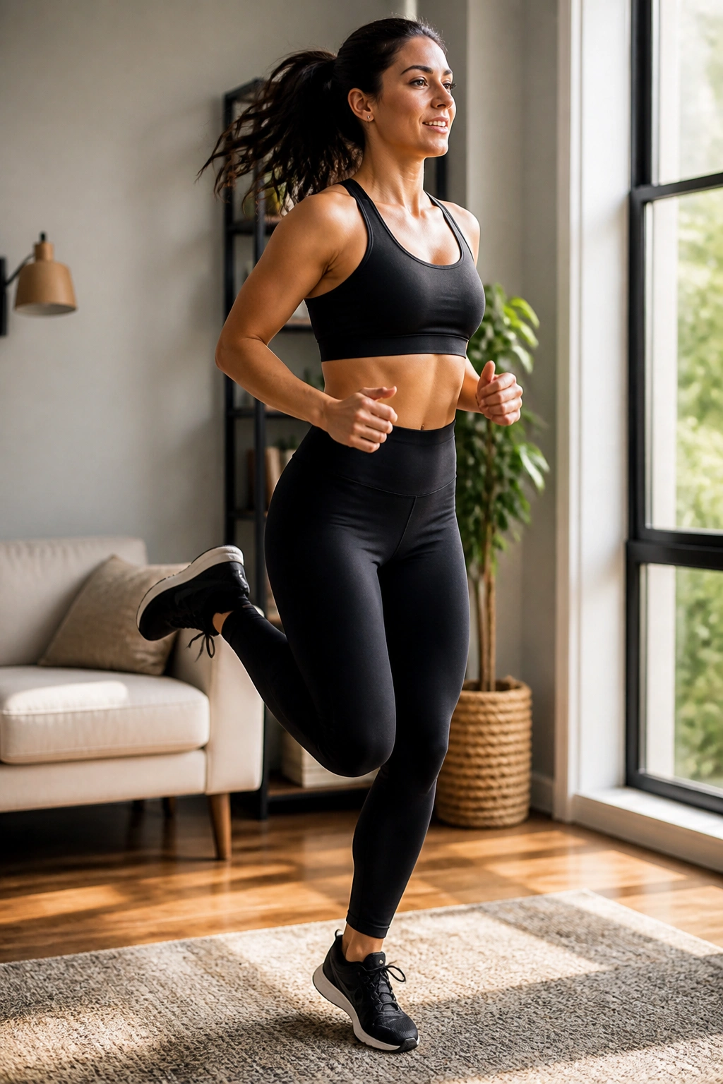 Woman performing butt kicks in a living room, emphasizing hamstring engagement