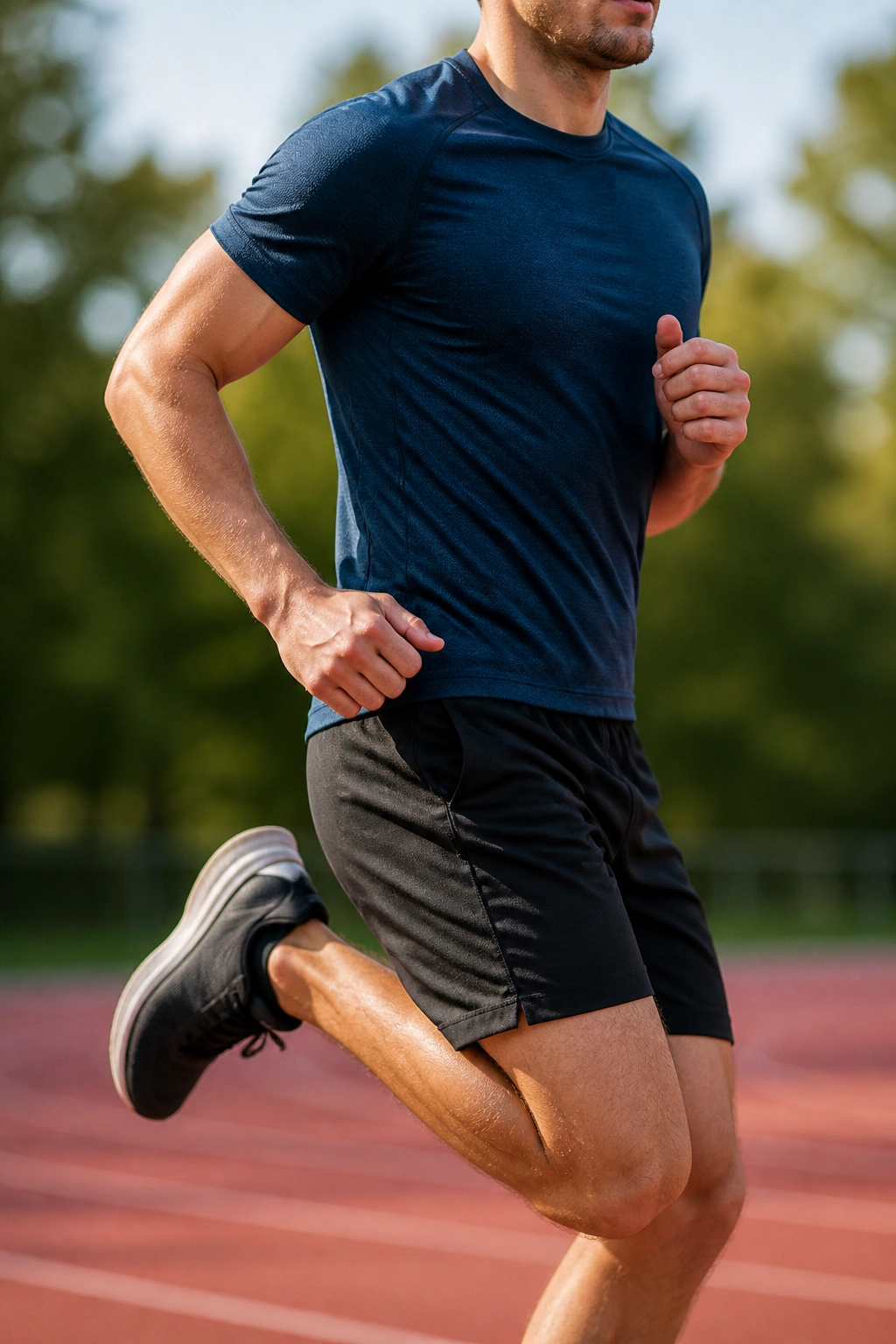 Close-up of a runner performing Butt Kicks on an outdoor track.