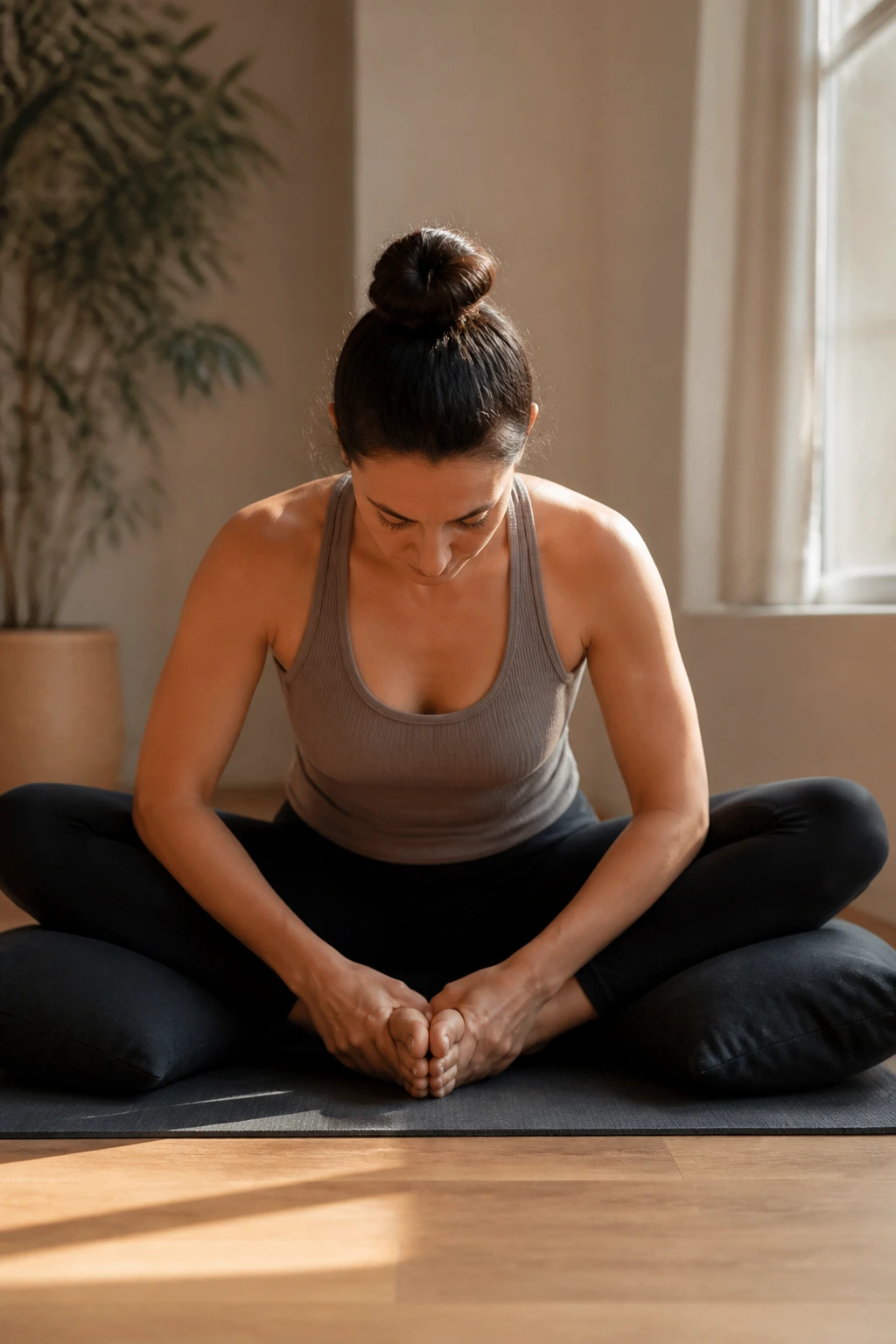 Medium shot of a real person in Butterfly and Forward Fold on a yoga mat