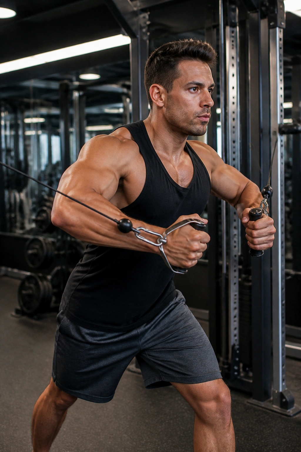 Close-up of a real person performing cable chest fly in a gym