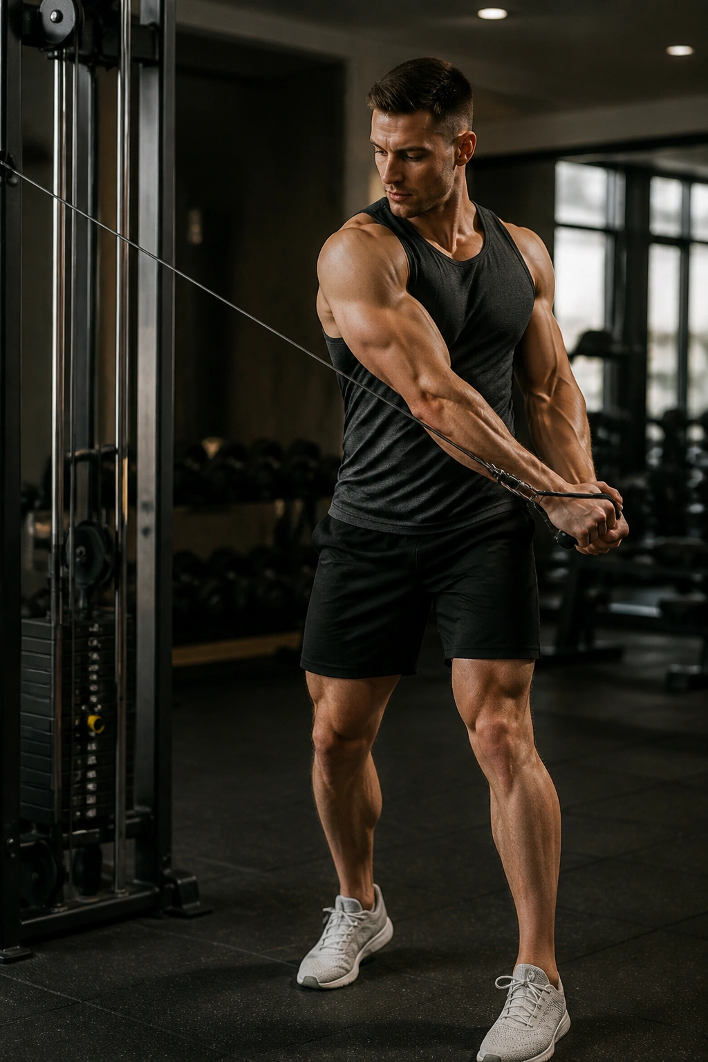 Athlete performing a controlled cable chop in a gym with a cable machine