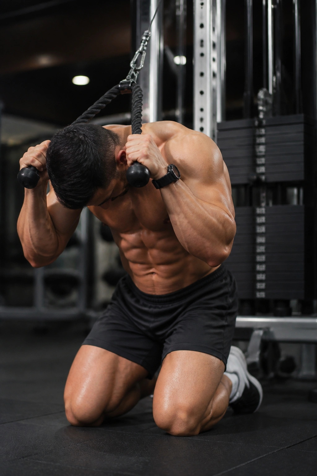 Close-up of a person performing a cable crunch in a gym, kneeling under a cable with rope behind the head, abs engaged