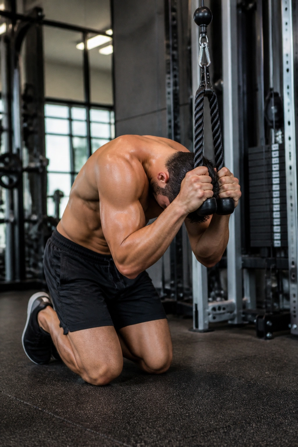 Close-up of a person performing a cable crunch with torso flexion on a cable machine.