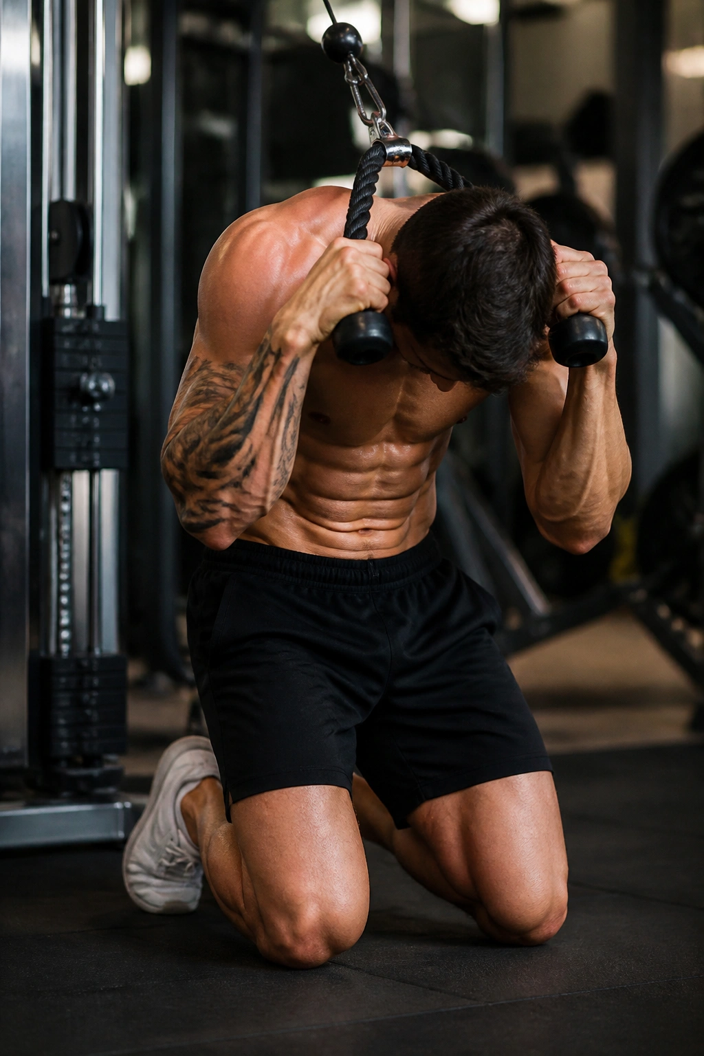 Athlete performing cable crunch with rope near temples