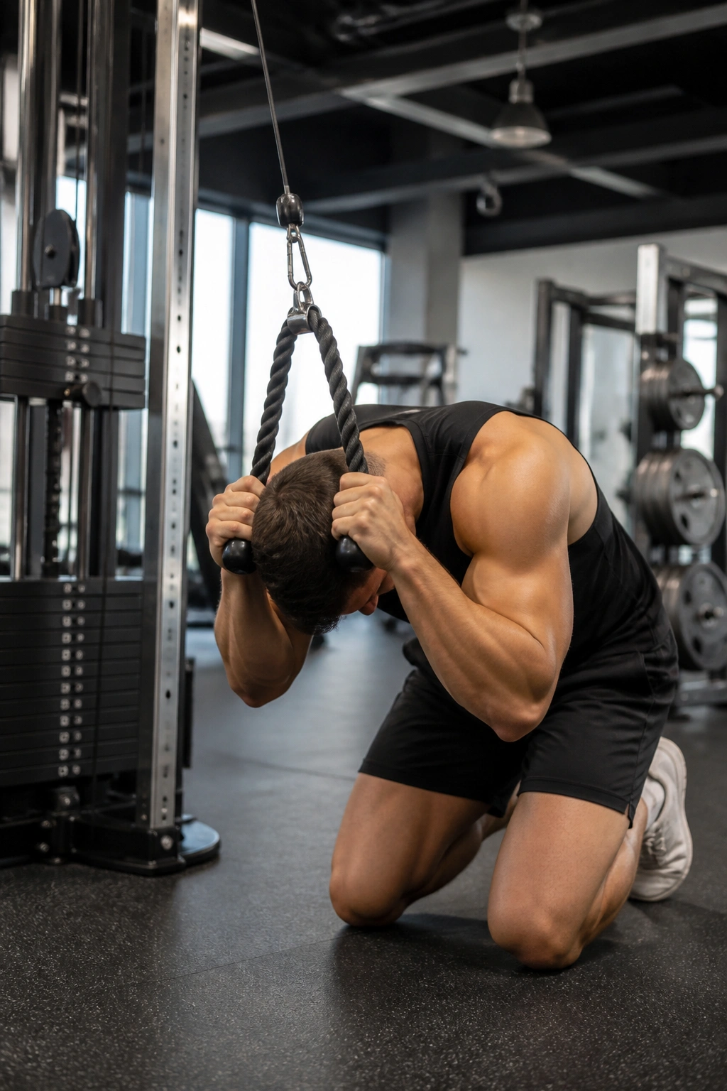 Athlete performing kneeling cable crunch with controlled spinal flexion.