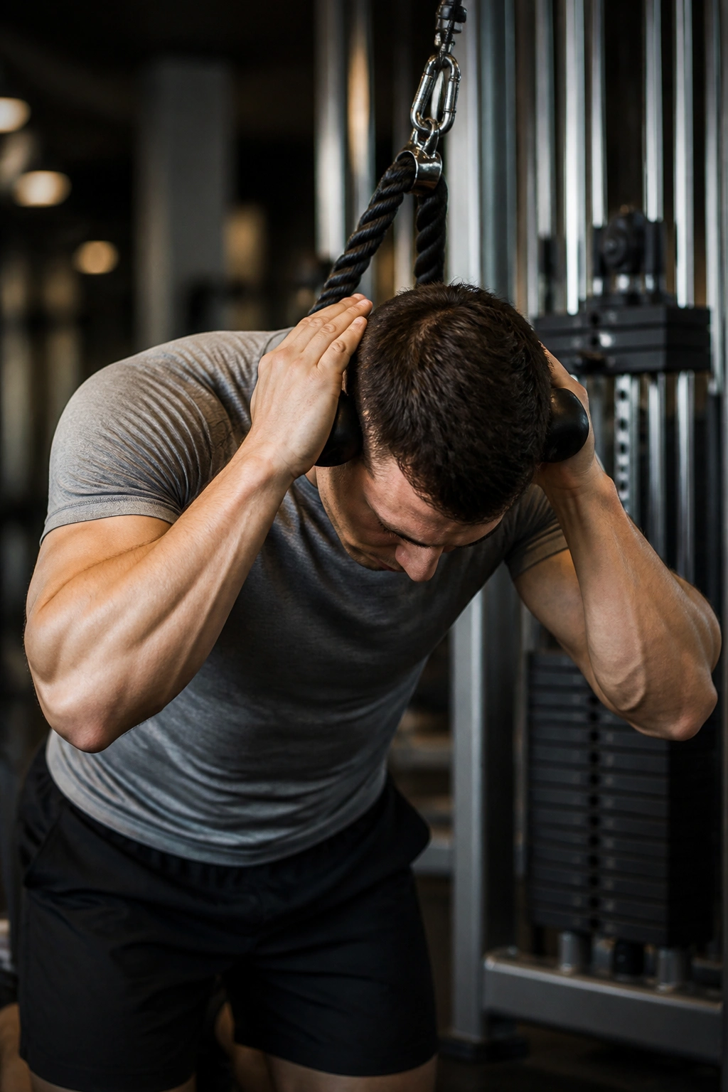 Close-up of a person performing a cable crunch in a gym