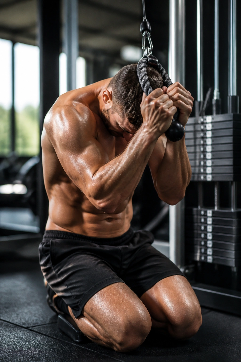 Close-up of a fit person performing cable crunches with abs contracted at a cable stack.