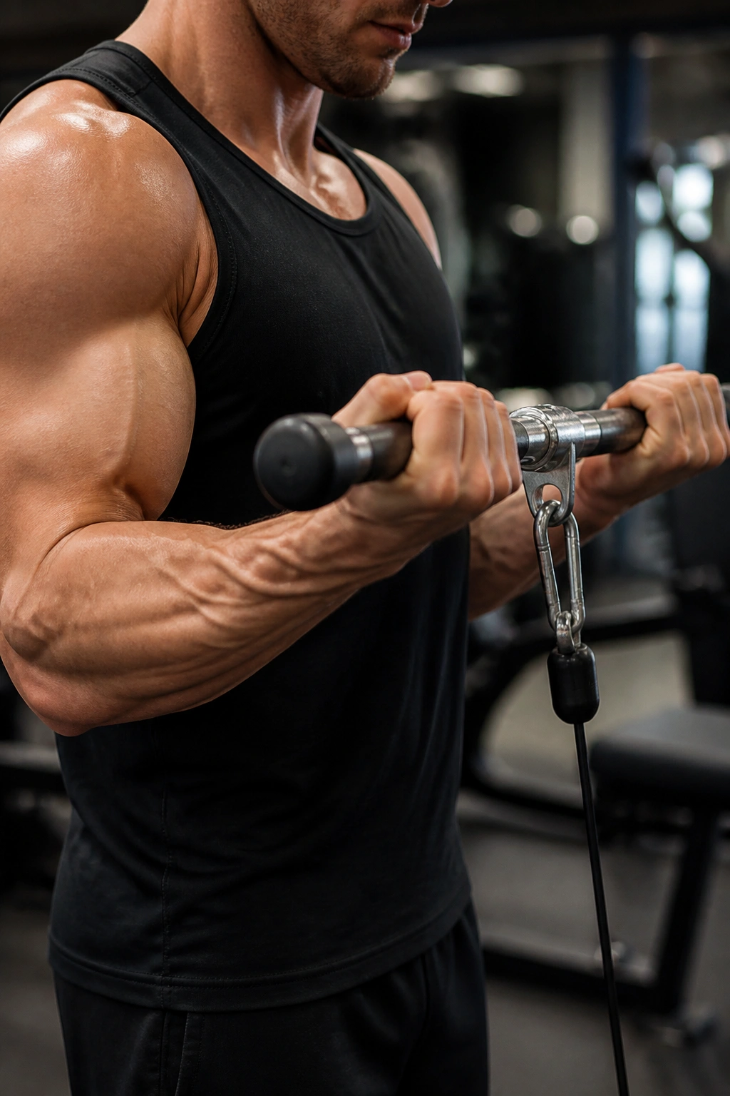 Forearm and bicep during cable curl on low pulley