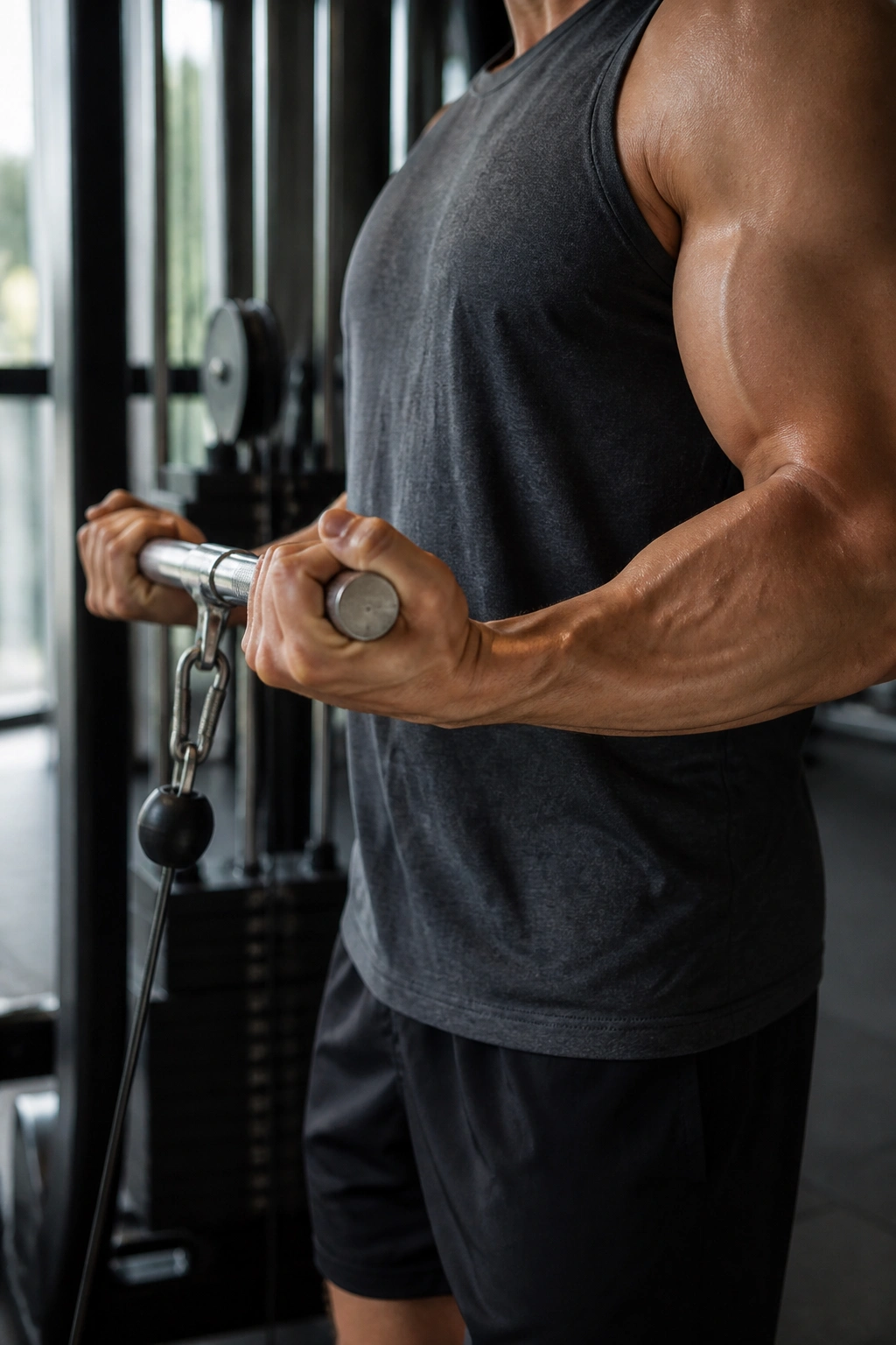 Close-up of forearm and bicep performing a cable curl with taut cable in a gym