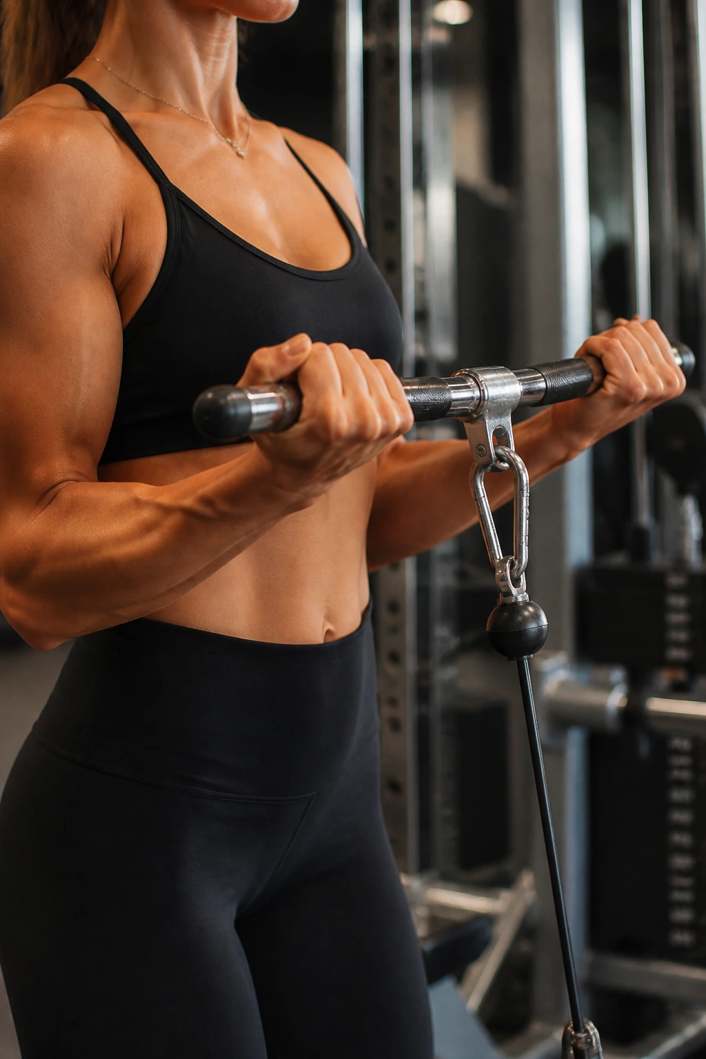 Close-up of forearms and biceps curling on a low-pulley cable