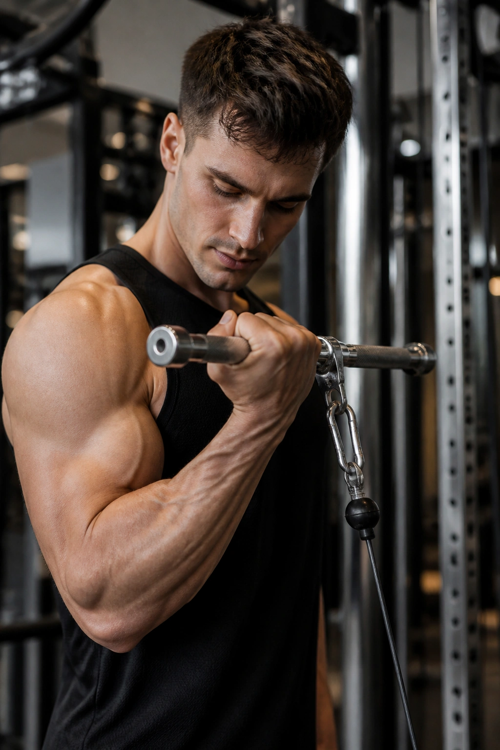 Portrait of a real person performing cable curl with cable stack in gym