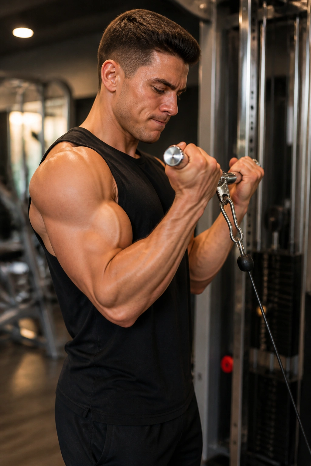 Close up of a person performing cable curl 21s at a cable station